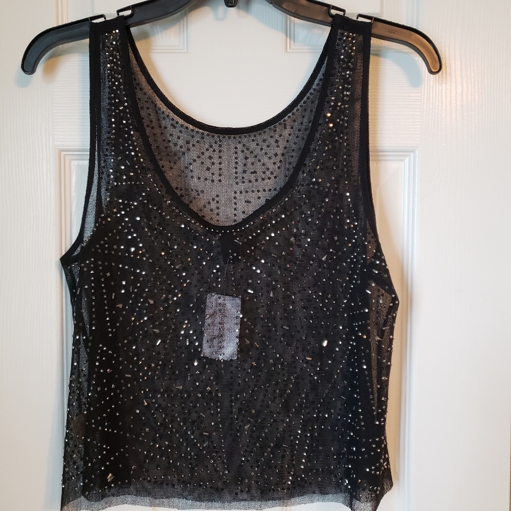 Black mesh tank top with silver embellishments
